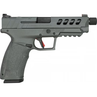 Gray polymer-frame semi-automatic handgun with a tactical rail, red trigger, and textured grip.