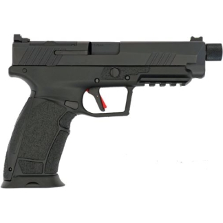 Right-side view of a black semi-automatic pistol with a textured grip and threaded muzzle cap, shown isolated on white.