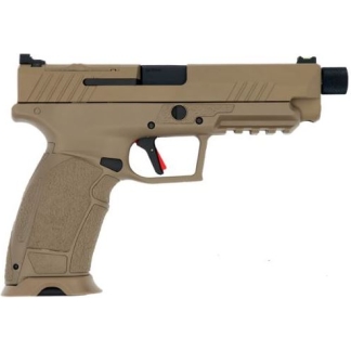 Tan semi-automatic pistol shown in profile, with a textured grip and black sights facing right, on a white background.