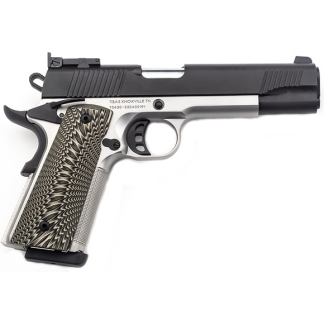 Semi-automatic pistol shown in profile with a patterned grip and two-tone black slide and silver frame