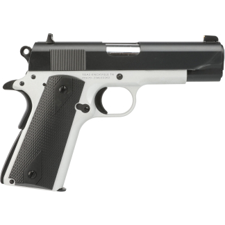Left-side view of a semi-automatic handgun with a black slide, silver frame, and textured grip.