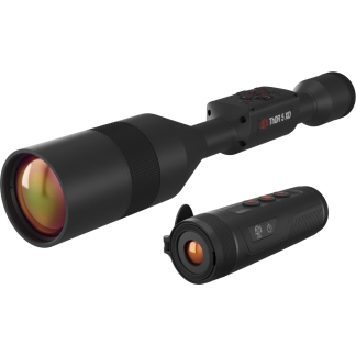 Thermal rifle scope with an attached handheld viewer, both black with orange-tinted lenses, brand ATN THOR 5 XD clearly visible on the scope side unit.