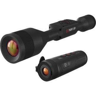 Black Thor 5 XD thermal rifle scope with a detachable handheld viewer attachment, shown in two pieces.