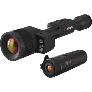 Thermal rifle scope with detachable handheld monocular; orange-tinted lenses and control unit labeled Thor 5 XD.