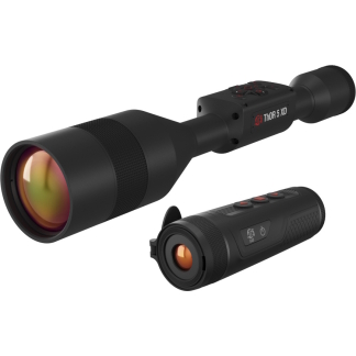 ATN Thor 5 XD thermal rifle scope with a detachable handheld viewer beside it.