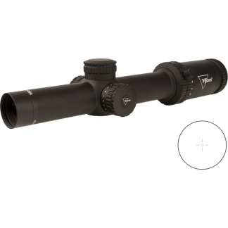 Black riflescope with turnable adjustment knobs and a large objective lens, branded Trijicon, shown at an angle with a small inset crosshair reticle image in the corner.