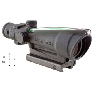 Trijicon ACOG riflescope with an illuminated green reticle mounted on a rail, showing adjustment dials and mount.