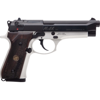 Side view of a semi-automatic pistol with a silver frame, black slide, and wood grip showing a red safety dot and engravings (Melik 9x19).