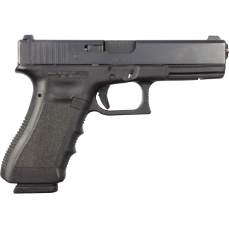 Side view of a black semi-automatic handgun with a textured grip