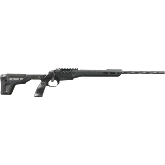 Side view of a black modern sporting rifle with a long barrel and textured stock, shown against a white background, displaying the receiver and handguard.