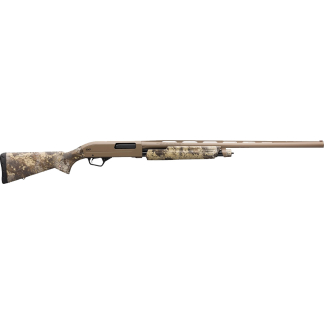 Semi-automatic hunting shotgun with a camouflage stock and tan barrel, shown from the side on a white background.