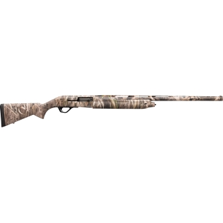 Camouflage hunting shotgun with a long barrel and synthetic stock in woodland camo pattern