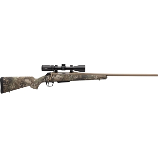 Side view of a camouflage-pattern bolt-action hunting rifle with a mounted scope and tan barrel