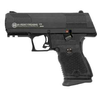 Side view of a Hi-Point Firearms YC9 9mm handgun (compact pistol) shown from the left, with textured grip and slide details visible