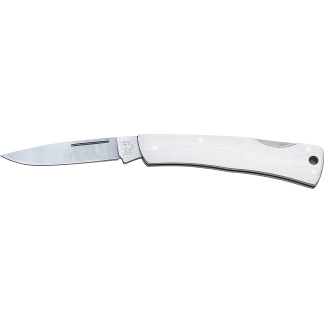 Folding pocket knife with a satin stainless steel blade extended, handle closed in a brushed metal finish.