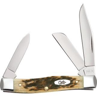 Close-up of intersecting knife blades with a wooden-handled knife labeled 'Case XX' visible on a white background.
