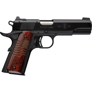 Side view of a black semi-automatic pistol with a wooden grip and engraved slide markings (1911 Black Label).