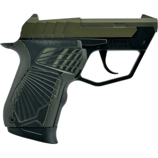 Semi-automatic handgun with an olive-green slide and textured black grip, shown in side profile (left).