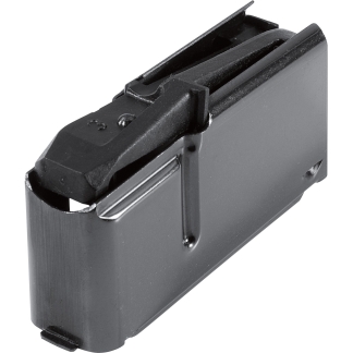 Close-up of a black plastic firearm magazine with feed lips at the top and a rounded base.