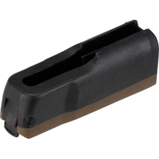 Handgun magazine with a black body and brown baseplate lying flat