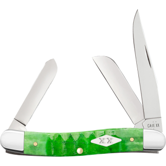Open pocket knife with a bright green handle and three stainless steel blades extended, showcasing Case XX branding on the springs.