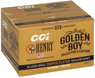 Gold-colored box labeled 'Golden Boy Collector's Edition' containing 275 22‑LR cartridges by CCI, Henry brand logo visible