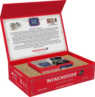 Open red Winchester gift box showing a decorative certificate and a small product box inside, labeled 'Winchester The American Legend' and 'USA 250 Years'.