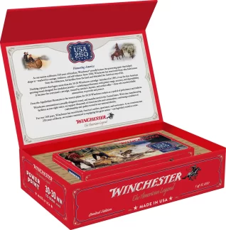 Red Winchester ammunition gift box opened to reveal a decorative certificate and product artwork inside the lid and box base (30-30 Win, Power Point).