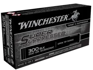 Box of Winchester Super Suppressed 300 Blackout subsonic ammo, black/gray packaging and branding visible.
