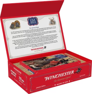 Open red Winchester gift box revealing 270 Win Power Point ammo and a certificate insert inside the lid, with decorative branding nearby.