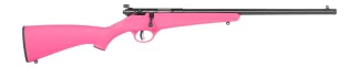 Pink bolt-action rifle with a black barrel and scope rail on white background.