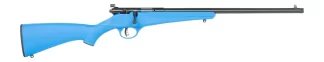 Blue air rifle with black barrel and scope rail resting on a white background, horizontal.
