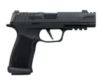 Black semi-automatic handgun, side view, with textured grip and accessory rail on a white background