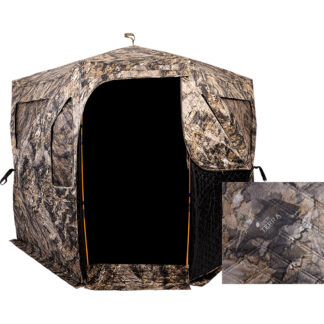 Camouflage hunting ground blind with an open front door and black interior lining. A camo panel with a Terra logo is shown nearby.