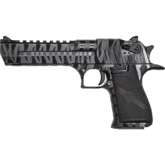 Side view of a Desert Eagle handgun with black and gray camouflage pattern.
