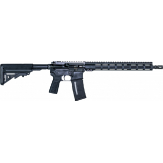 Black AR-style rifle laid horizontally with a collapsible stock and long vented handguard on a white background.
