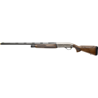 Over-under shotgun with ornate engraved receiver and wooden stock, laid horizontally against a white background.