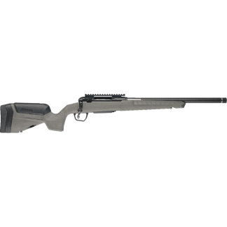 Long, precision rifle with gray stock and long barrel laid on a white background, showing a rails system on top and ergonomic grip