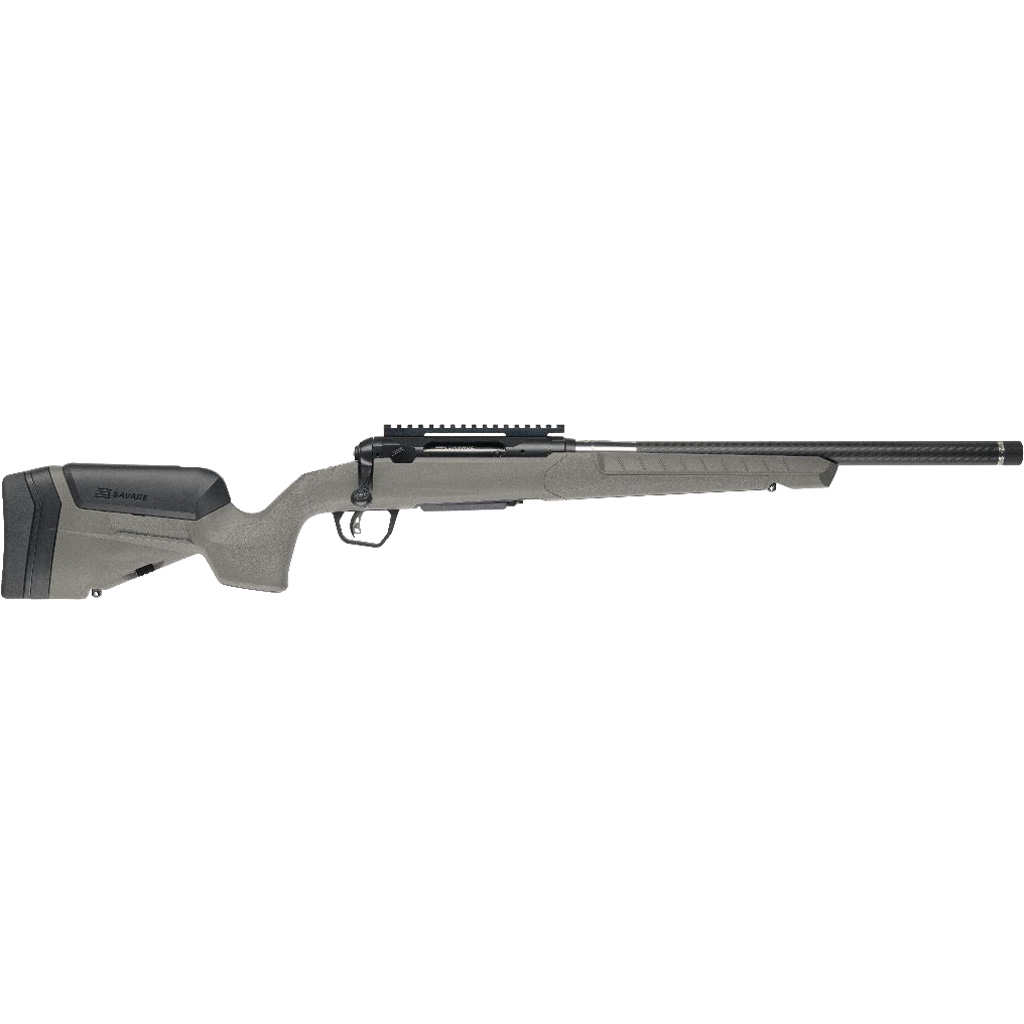 1214185_1jpg | ATFirearms Long, precision rifle with gray stock and long barrel laid on a white background, showing a rails system on top and ergonomic grip