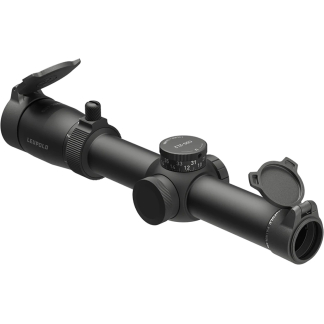 Leupold rifle scope with adjustable turrets and flip lens caps, shown angled to the side for product viewing