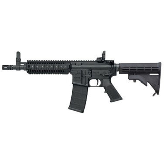 Black semi-automatic rifle with a collapsible stock and rail system, shown in profile on a white background with a magazine inserted into the magwell.