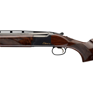 Side view of a Browning Citori over-under shotgun with a polished wooden stock and gold-engraved receiver Read 'Citori cx'