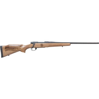 Bolt-action rifle with a carved wooden stock and long barrel, shown from the side, facing right.