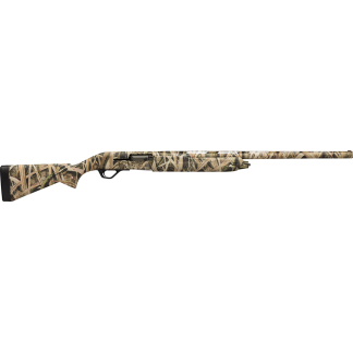Camouflage-pattern hunting shotgun shown in profile with long barrel on a white background.