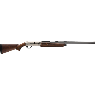 Side view of a classic hunting shotgun with a wooden stock and long barrel
