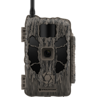 Stealth Cam trail camera with cracked bark camouflage and a central lens facing forward.
