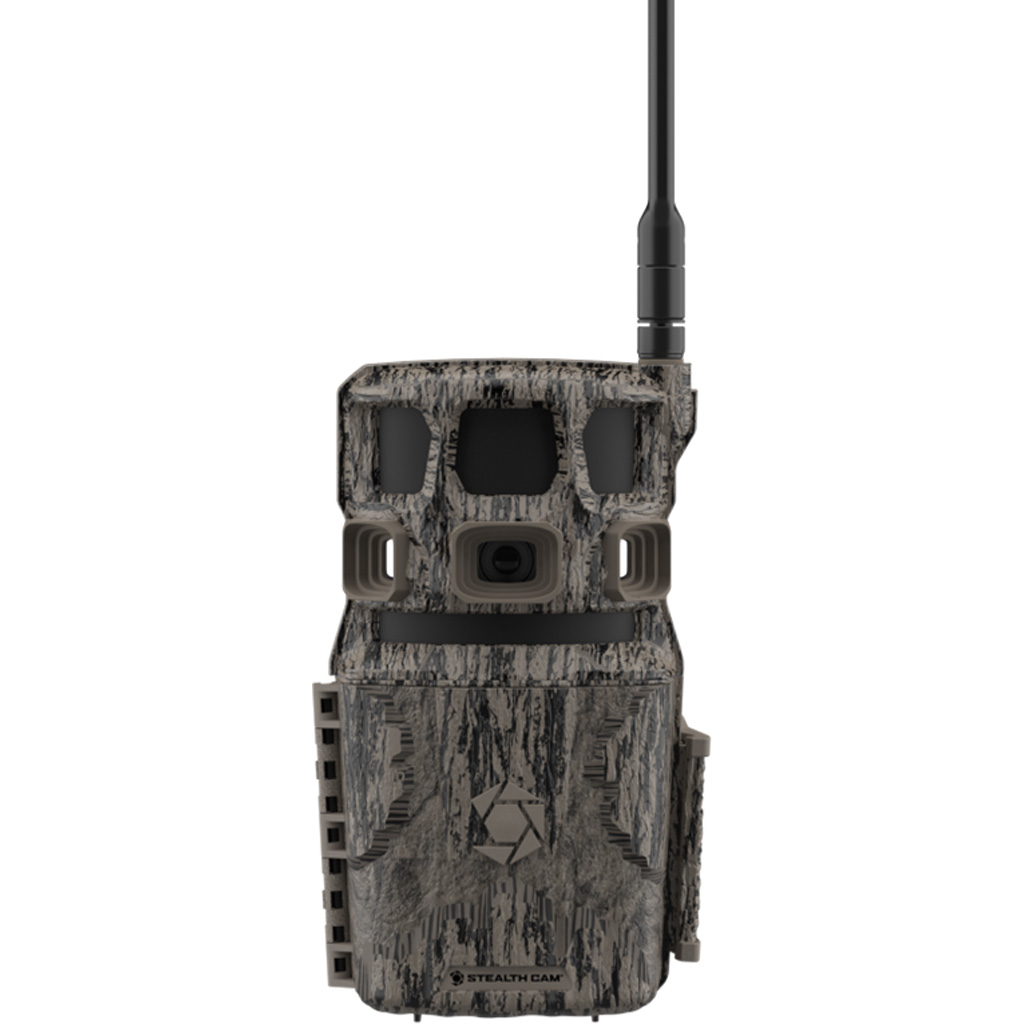 1410659_1jpg | ATFirearms Camouflage trail camera with an external antenna, central lens, and Stealth Cam logo on the camouflaged body.