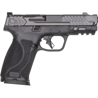 Side view of a black semi-automatic pistol with a textured grip.