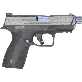 Close-up of a semi-automatic pistol's slide and grip, marked 9mm Luger with a blue safety flag visible on the frame edge