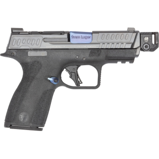 Close-up of a black semi-automatic pistol shown from the side, with a blue 9mm Luger label on the slide.